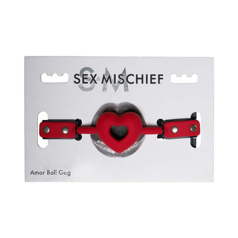 Mordaza de bola de silicona con forma de corazón de Sex & Mischief, color rojo
